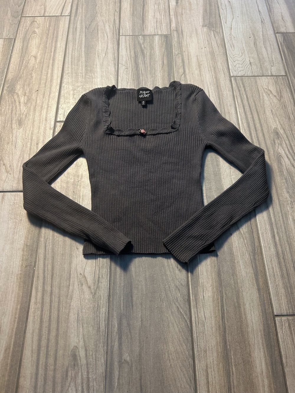 Charcoal Gray Ribbed Square-Crochet Neckline Long Sleeve Crop Top Med